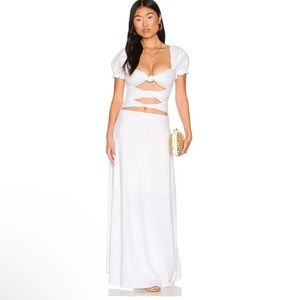 NWT Agua Bendita Bali Cutout Twist Front Revolve Maxi Puff Sleeve White Dress